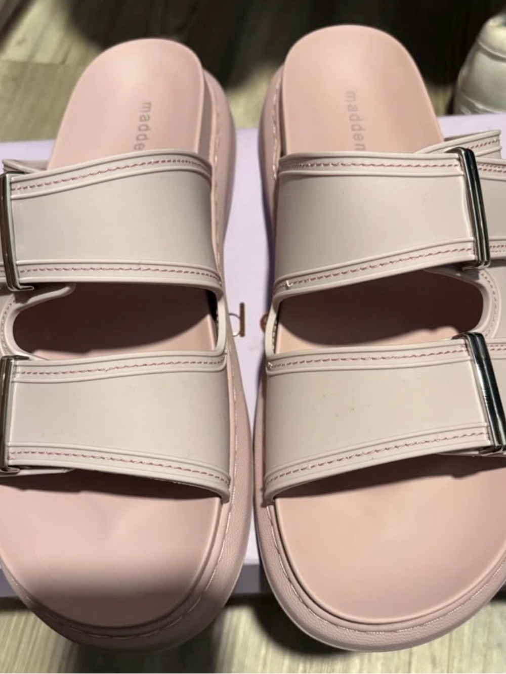 Madden Girl Blush Pink Double Buckle Slide Sandals